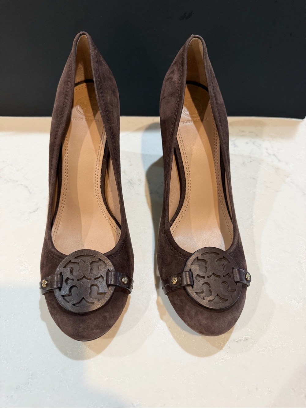 Tory Burch Dark Brown Suede Round-Logo Pumps